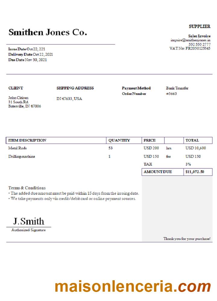 USA Smithen Jones Co. tekst faktury i szablon PDF